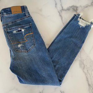 American Eagle Medium Wash Blue Distressed High Waist Skinny Jeans